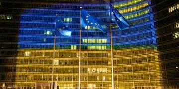 Зградата Берлејмонт осветлена со украинското знаме, по повод нападот на Русија против Украина/ Фото: Wikimedia Commons
